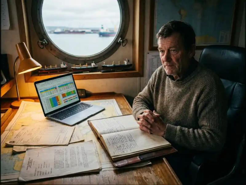 Maritime operations manager reviewing fleet voyage documents and fuel data on laptop at wooden desk, harbor with cargo ships visible through porthole