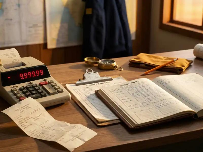 Crumpled flight itinerary and calculator with high figures on a maritime operations desk beside a crew manifest and ship's logbook in warm amber light.