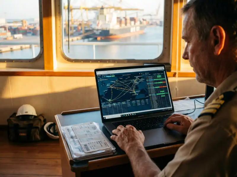 Maritime operations officer at vessel workstation managing crew rosters and flight routes on laptop, busy commercial port visible through porthole.