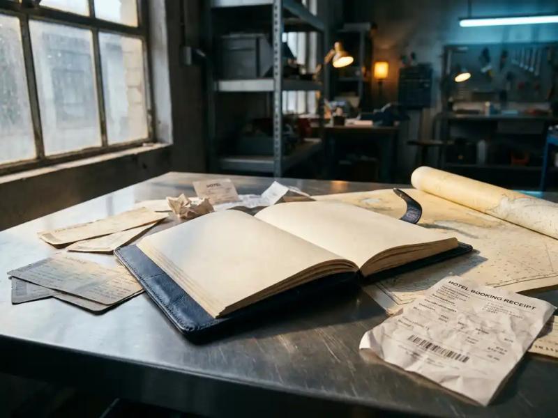 Leather-bound crew manifest open on a steel desk surrounded by airline tickets, hotel slips, and a navigation chart in navy and amber light.