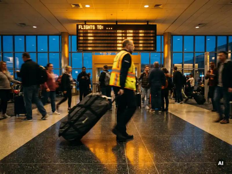 Airline crew member in high-visibility vest pulling wheeled duffel bag through busy airport terminal beneath glowing departures board.