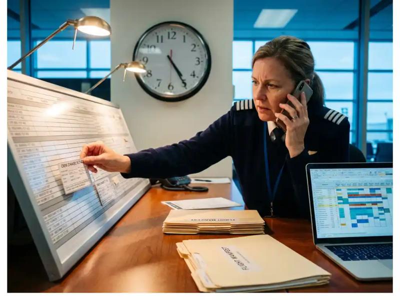 Airline operations manager rearranging crew schedule cards at airport desk while on phone, with clock showing time pressure.