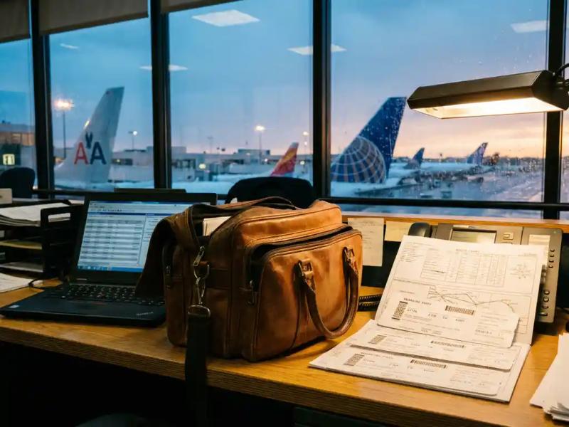 Pilot's flight bag open on airport operations desk with boarding passes, route documents, and laptop, aircraft tails visible through terminal windows.