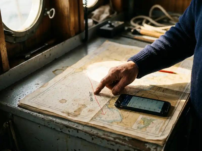 Captain's finger tracing a revised route on a worn nautical chart beside a smartphone showing flight itineraries, dramatic porthole lighting.