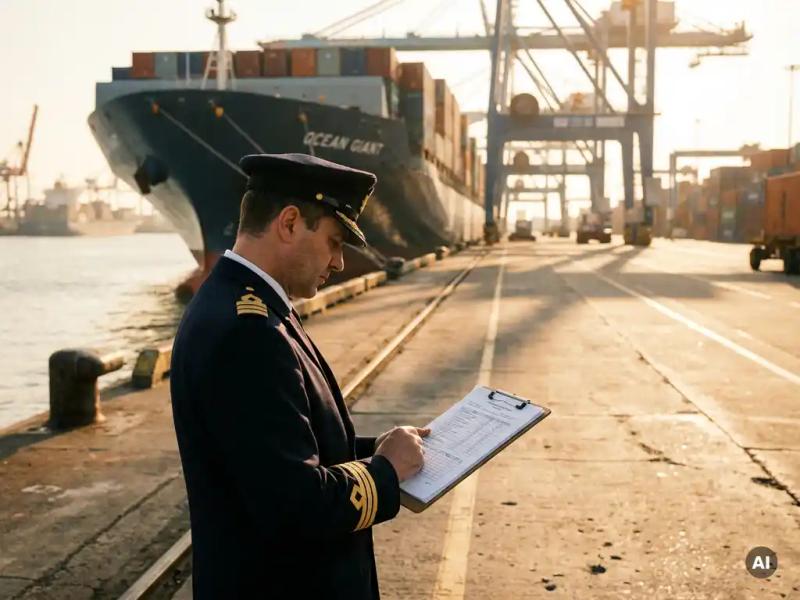 Maritime officer in uniform reviewing a performance report on a clipboard at a cargo port terminal during golden morning light.