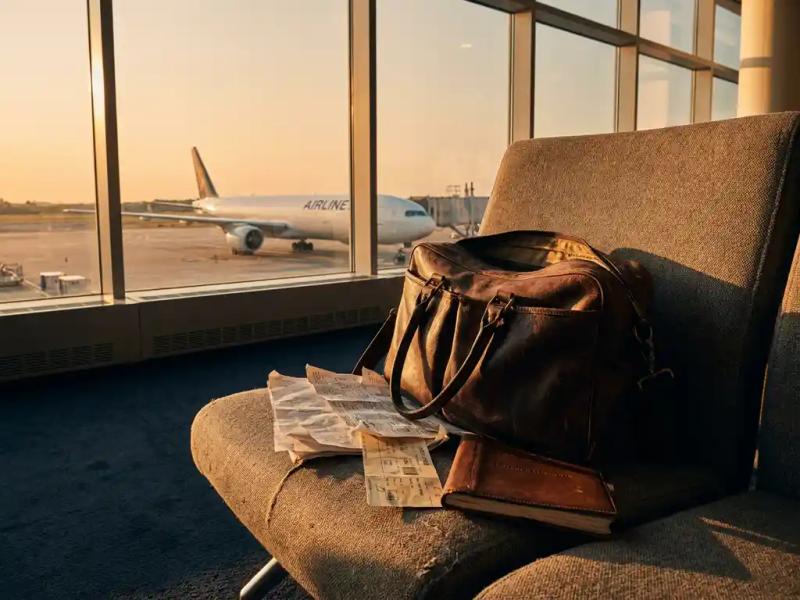 Worn leather pilot flight bag open on airport gate seat with crew schedules spilling out, commercial aircraft visible through terminal window in golden afternoon light.