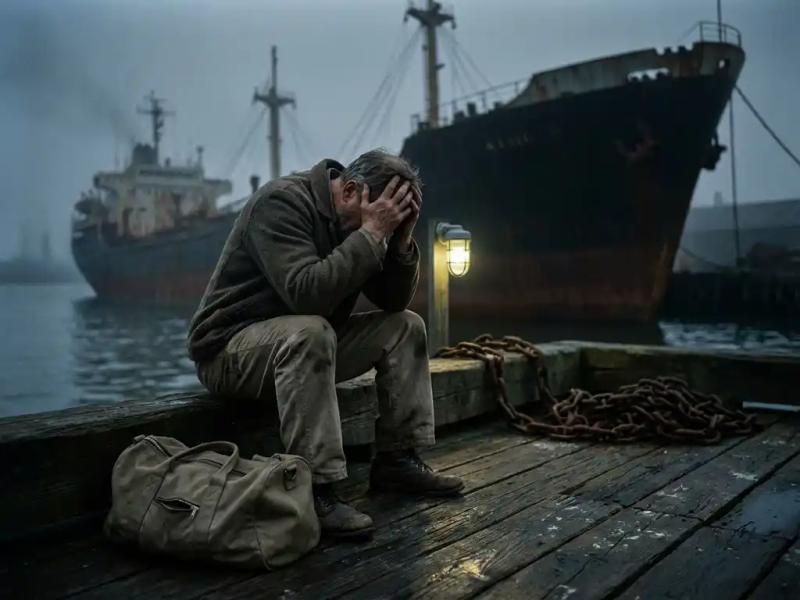 Exhausted merchant sailor slumped on a foggy harbor dock beside a duffel bag, dim lamp casting cold light over his isolated figure.