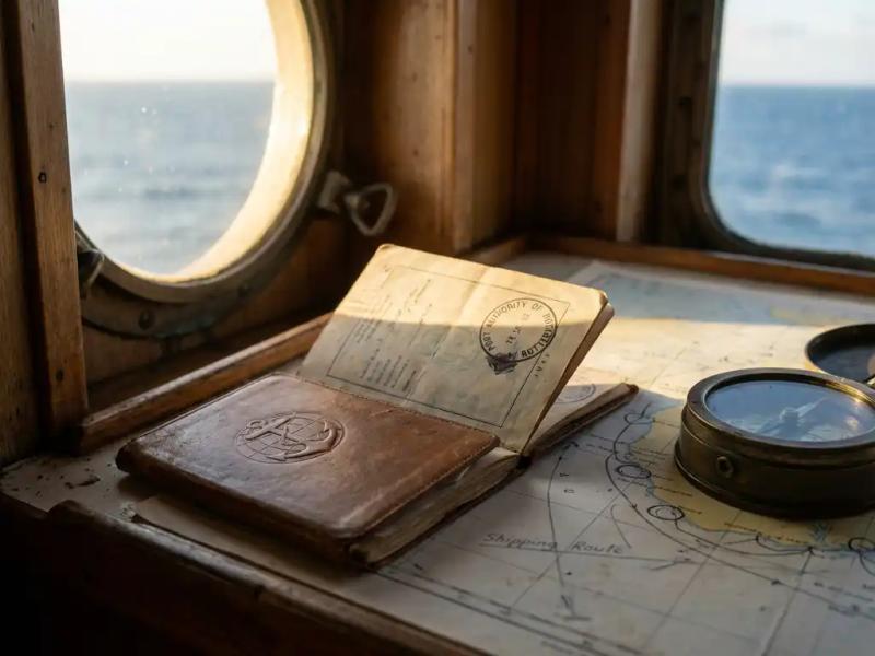 Two overlapping official maritime travel documents with port authority seals on a nautical chart, brass compass nearby, warm porthole light.