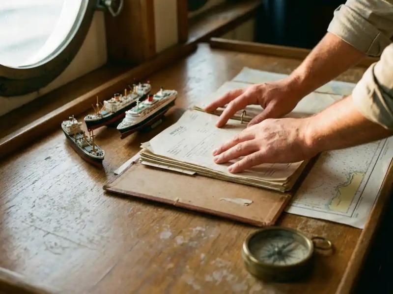 Hands organizing maritime invoices in an open binder on a weathered oak desk, with ship models, nautical chart, and brass compass nearby.