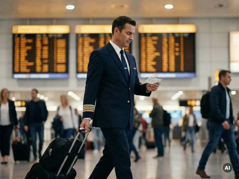 Pilot in navy uniform reviewing boarding pass mid-stride at a busy airport gate, rolling carry-on bag, departure boards softly blurred behind.