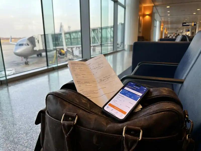 Worn leather pilot flight bag open on airport terminal floor with printed itinerary and smartphone showing flight booking app, jet bridge beyond windows.