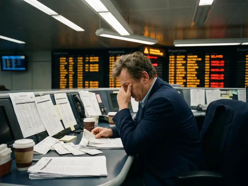 Airline operations manager at control desk covered in crew manifests, with departure boards showing cascading flight delays in the background.