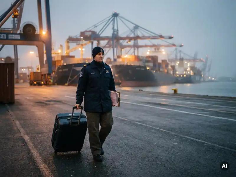 Maritime crew member rolling a suitcase along a busy port dock, container ships and cranes visible through coastal mist.