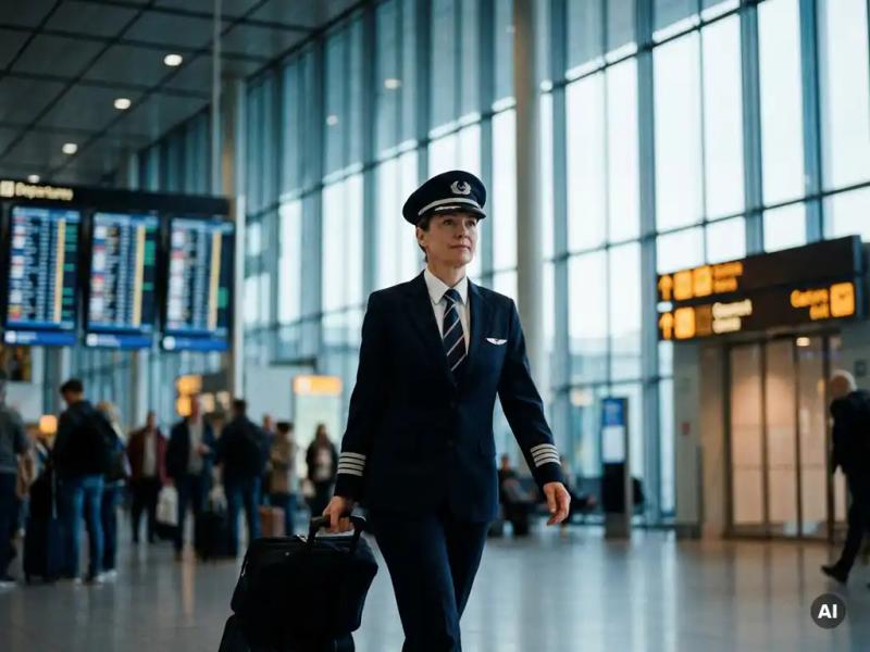 Airline crew member in uniform walking through a busy international airport terminal with rolling luggage, departure boards softly blurred behind.