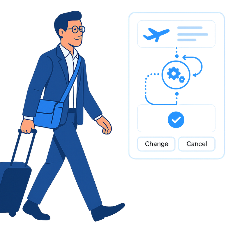 A traveller with a suitcase beside a booking with Change and Cancel buttons