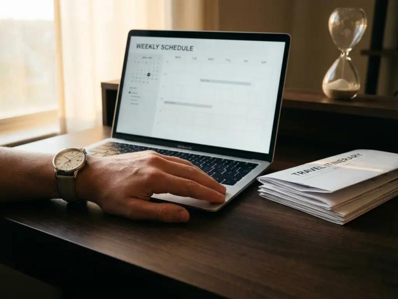 Analog wristwatch and scheduling dashboard on laptop beside a hand, travel itinerary papers on a warm-lit modern desk.