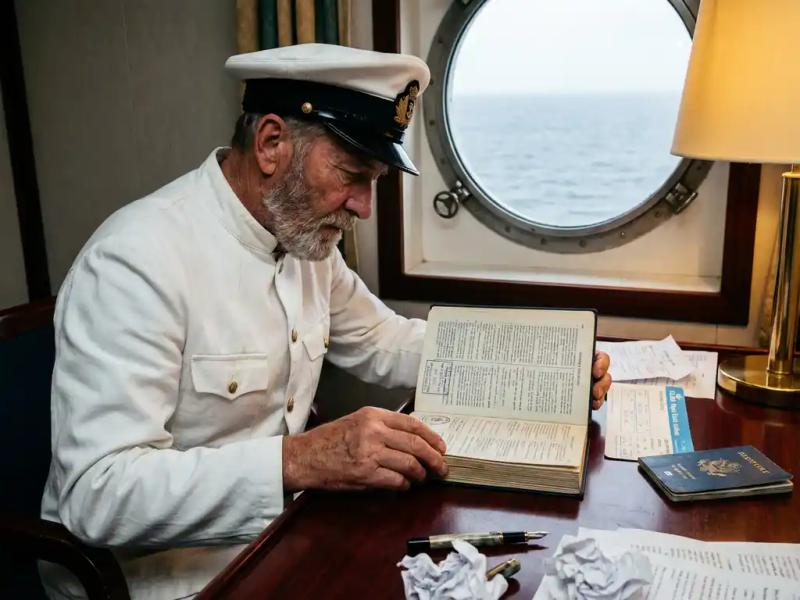 Weathered merchant sailor in white uniform reviewing official documents and passport at mahogany desk aboard a cargo ship.