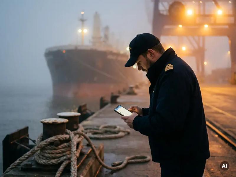 Maritime officer in uniform reviewing crew roster on smartphone dockside, cargo vessel visible through mist, mooring ropes and bollards in foreground.