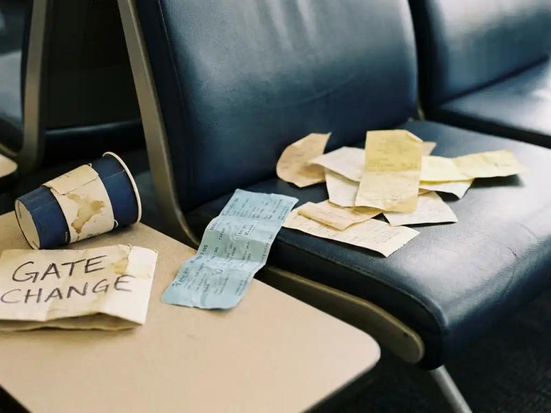 Crumpled boarding pass and paper receipts on an airport lounge seat beside an abandoned coffee cup and gate change notice.