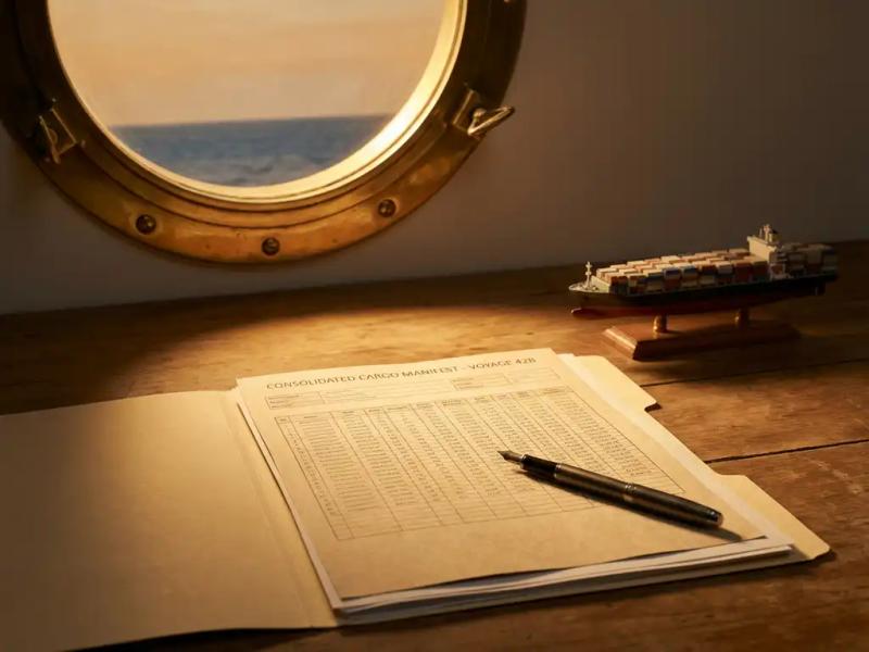 Open manila folder with consolidated shipping document on a ship captain's desk, model cargo ship and pen beside it, warm porthole light