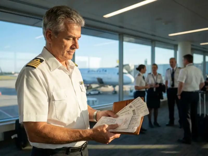 Maritime officer in white uniform holding travel documents at airport departure gate, aircraft visible through window behind him