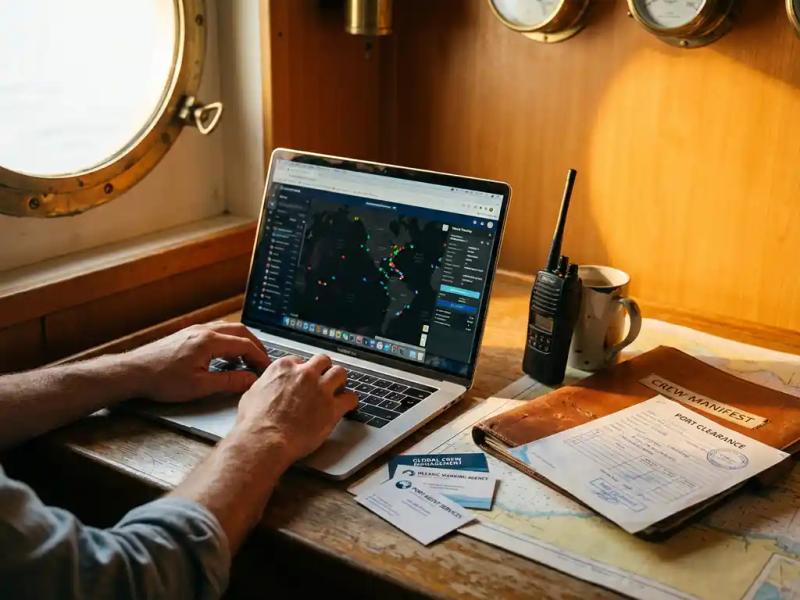 Maritime operations desk with vessel tracking dashboard, crew manifest, port clearance documents, nautical chart, and VHF radio in golden light.