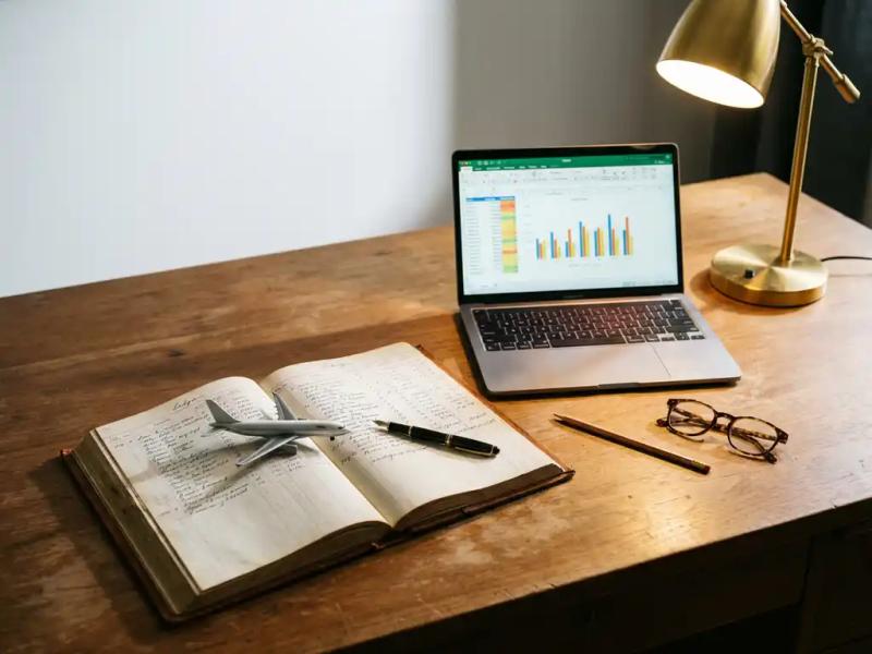 Executive desk with open expense ledger, laptop showing travel budget spreadsheets, and model airplane under warm lamp light.