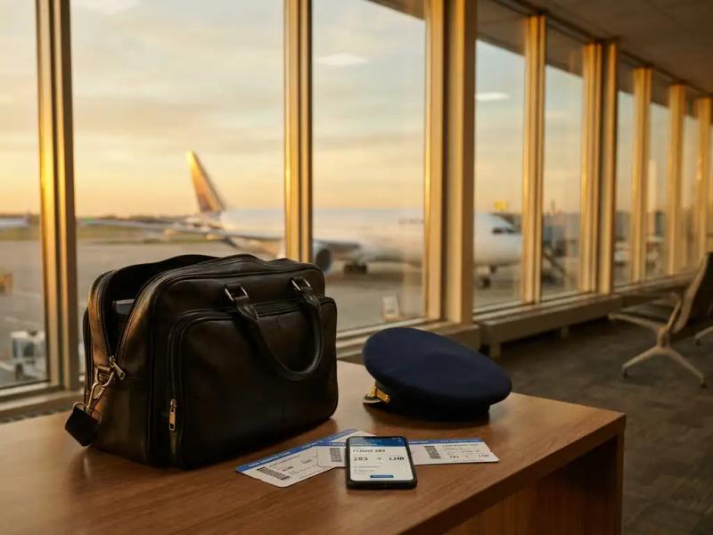 Pilot's open flight bag with boarding passes, smartphone showing itinerary, and uniform cap on airport lounge table, commercial aircraft visible on tarmac.