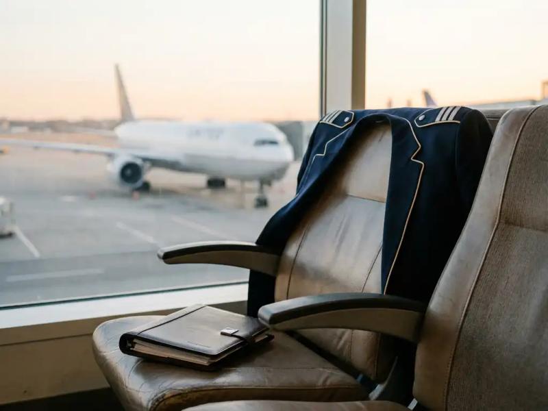 Airline captain's uniform jacket on cockpit seat with leather travel itinerary, wide-body aircraft visible through terminal gate window at dawn.