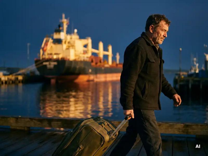 Weathered maritime crew member rolling a carry-on suitcase along a wet harbor dock toward a cargo vessel at golden hour.