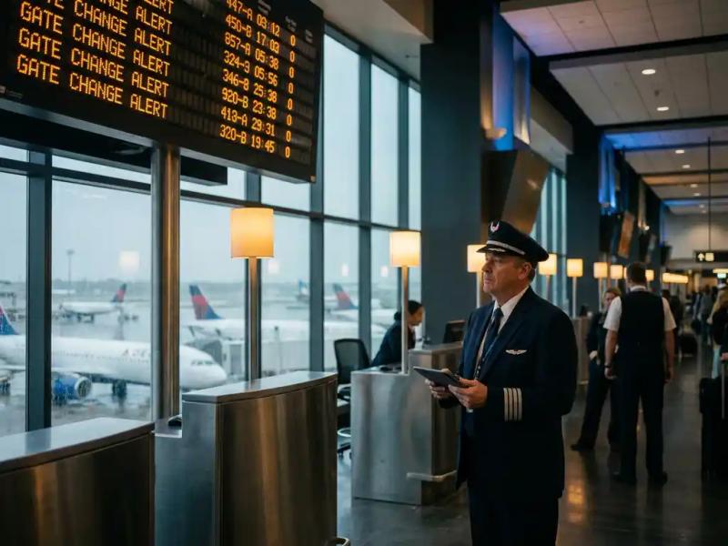 Flight crew member in uniform studying a departure board with gate changes in a rain-streaked airport terminal, grounded aircraft visible through windows.