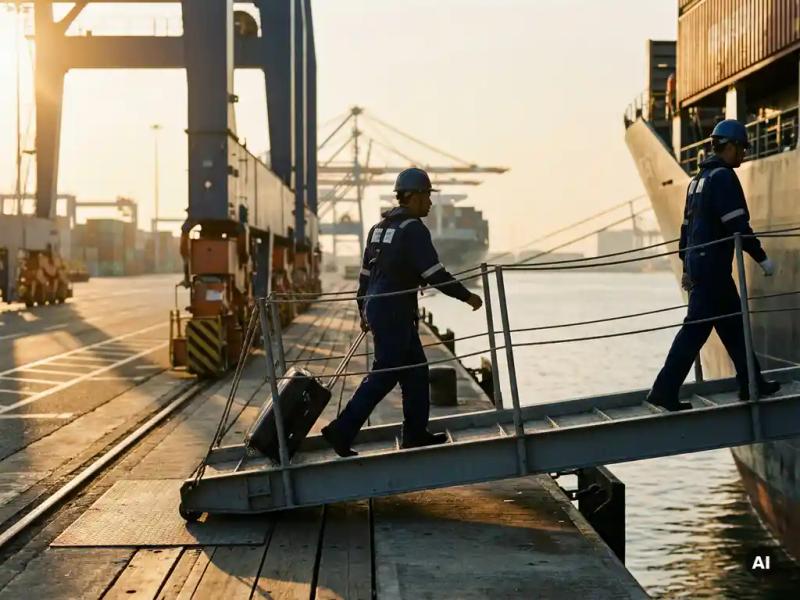 Crew member wheeling luggage up a ship gangway at sunrise, with port cranes and calm water visible in the background.
