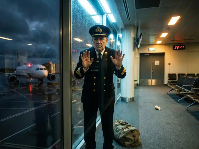 Merchant navy officer in uniform pressing hands against airport departure gate glass, watching his flight taxi away in the rain at night.