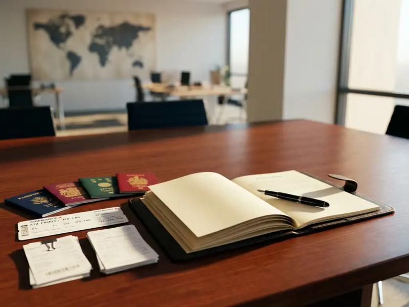 Open corporate travel policy binder with four international passports, boarding pass, and expense receipts on a mahogany conference table.