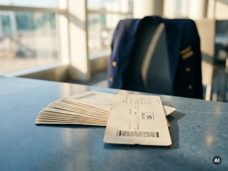 Fanned airline boarding passes on an airport lounge table, one pass pulled forward, with a crew member's navy jacket softly blurred in the background.