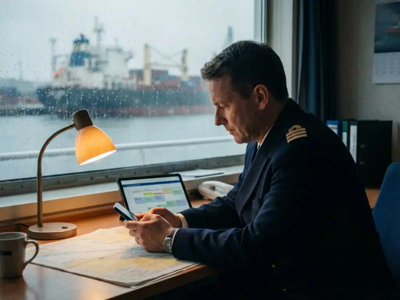 Maritime officer in uniform reviewing crew change schedule on smartphone at harbor desk, cargo vessel visible through rain-streaked window.
