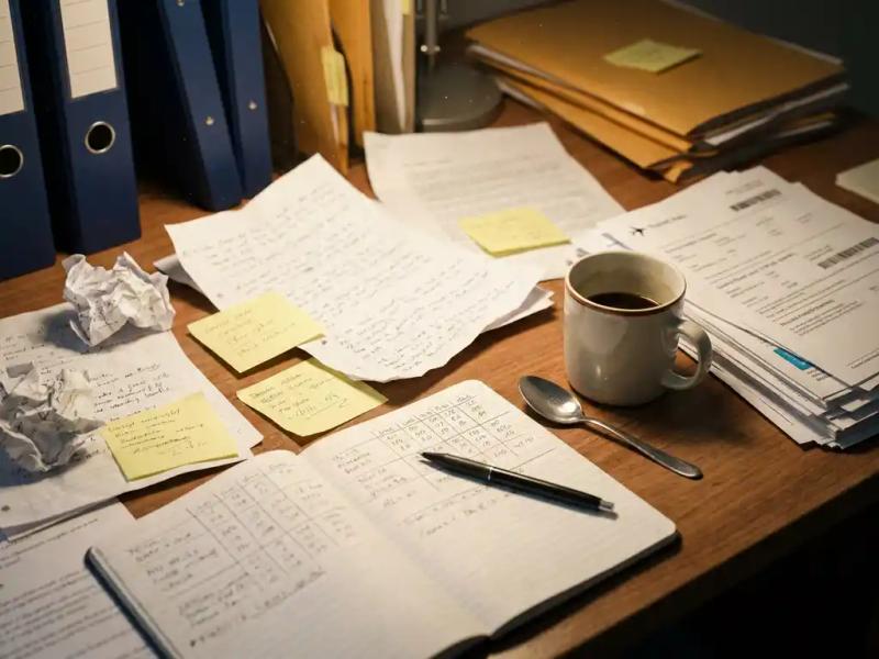 Travel coordinator's desk covered in handwritten crew rosters, sticky notes, and flight itineraries beside a half-finished coffee cup.