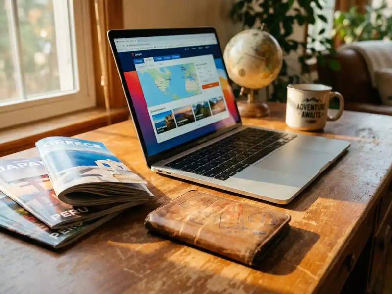 Leather passport holder and travel brochures beside a laptop showing a flight booking site on a warm wooden desk.