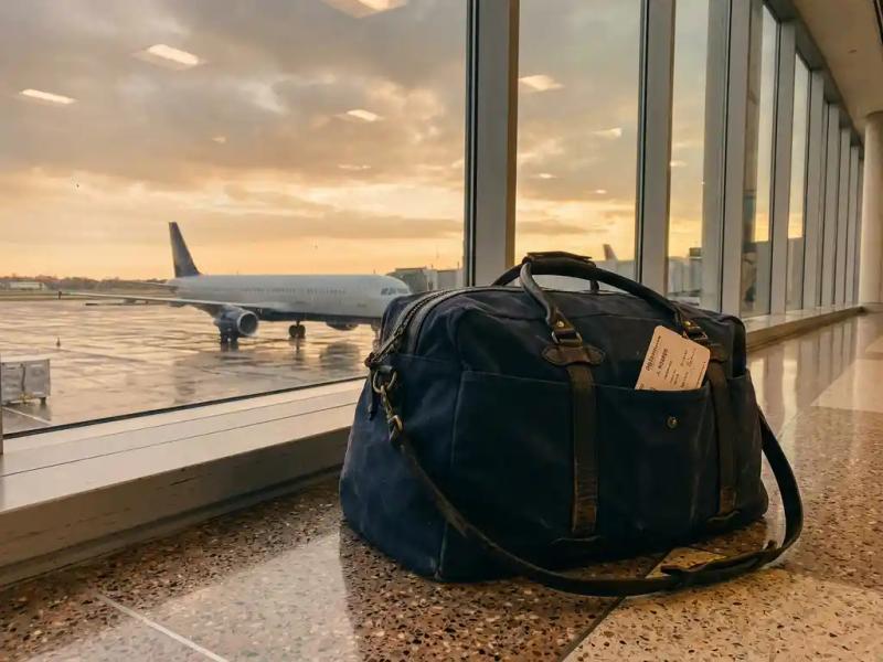 Weathered maritime crew bag on airport terminal floor with boarding pass in side pocket, passenger jet visible through large windows beyond.