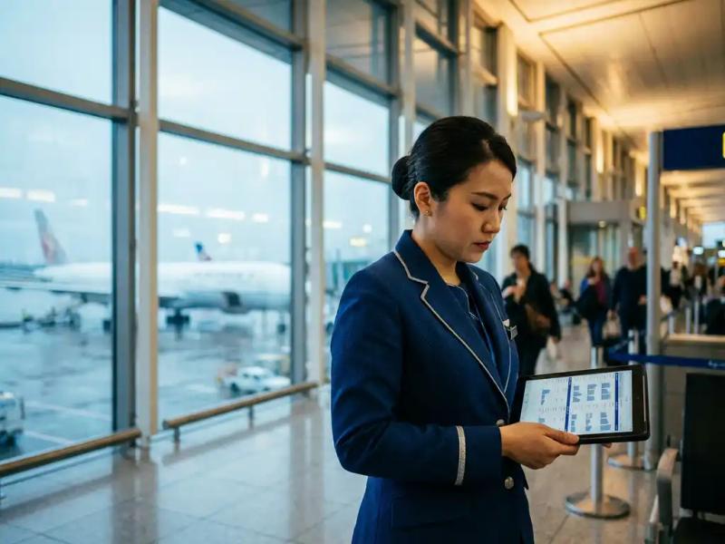 Airline crew member reviewing flight schedules on a tablet at an airport gate, with a parked aircraft visible through floor-to-ceiling windows.