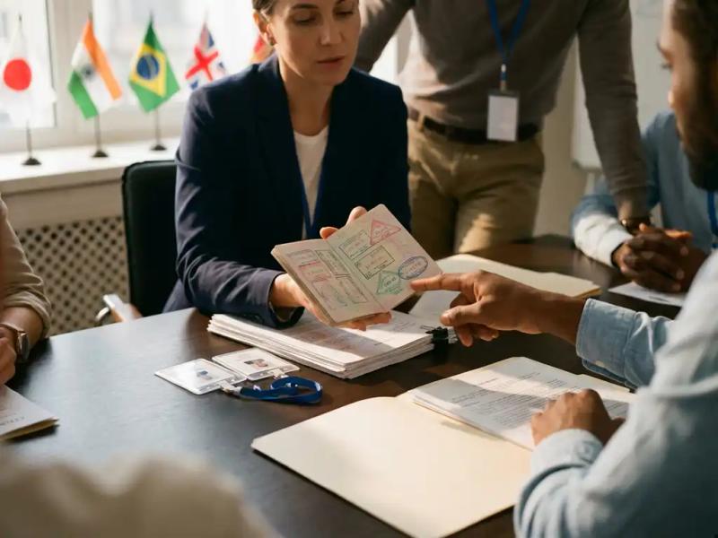 Coordinator holds stamped passport at multinational crew document review meeting with visa papers and crew ID cards on table.