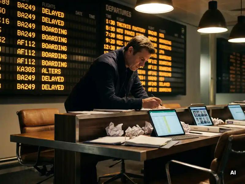 Flight operations manager reviewing illuminated departure board above a desk with scheduling documents and crew rosters at an airport control center.