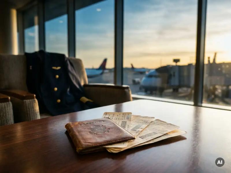 Worn leather passport and boarding passes on an airport lounge table, navy crew jacket on chair, international terminal gates in background.