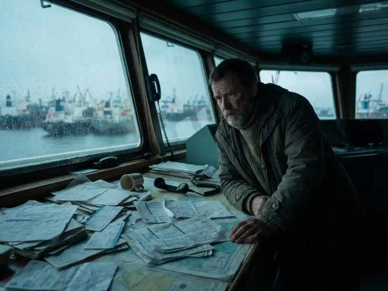 Maritime operations manager overwhelmed by crew manifests and schedules at a nautical chart table, cargo fleet visible through bridge windows.