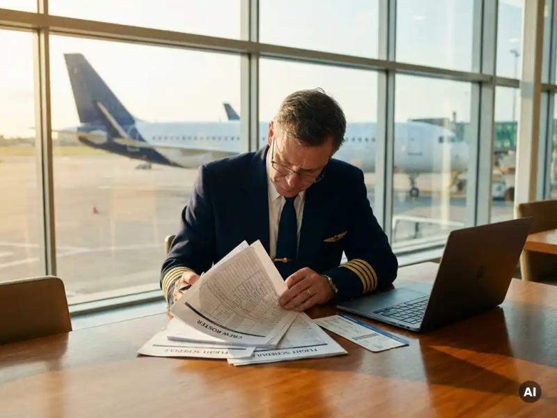Commercial pilot in uniform reviewing a crew roster at an airport lounge table with a boarding pass and laptop, parked aircraft visible through terminal windows.