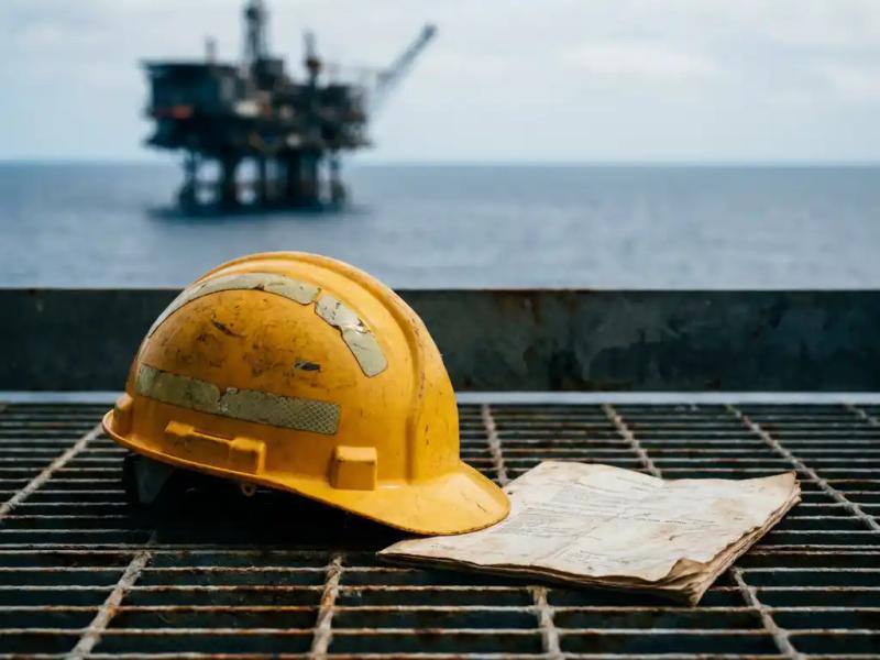 Weathered offshore worker's safety helmet and folded insurance document on steel grating, oil platform silhouetted over grey-blue ocean in background.