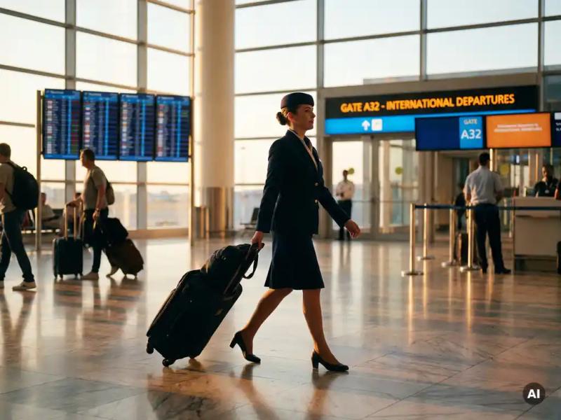 Uniformed crew member rolling a suitcase through a sunlit international airport terminal with blurred departure boards in the background.