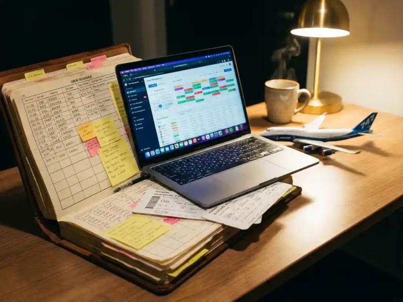 Airline operations desk with open crew scheduling logbook beneath a laptop displaying a crew management dashboard, warm lamp light