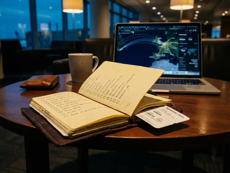 Worn leather notebook open to a checklist with a boarding pass tucked inside, laptop showing flight routes in background, airport lounge setting.