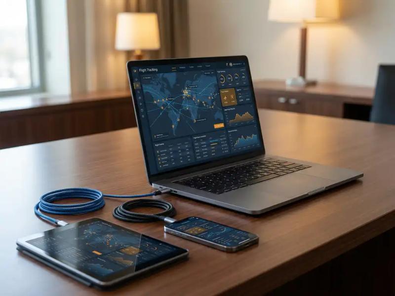 Laptop showing live flight dashboard on corporate desk, connected via cables to tablet and smartphone for seamless system integration.